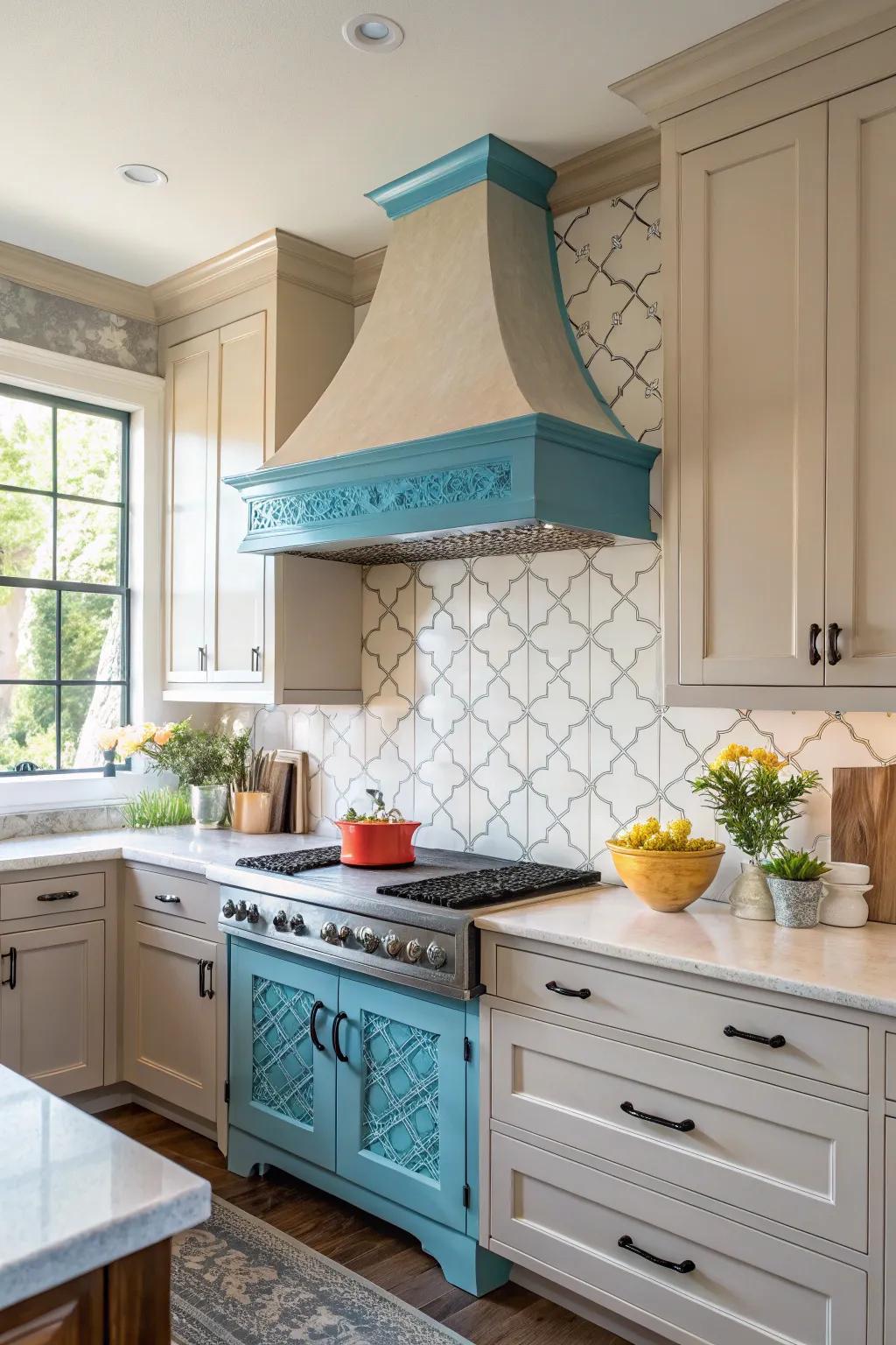 Brightly colored range hoods introduce a vibrant focal point.