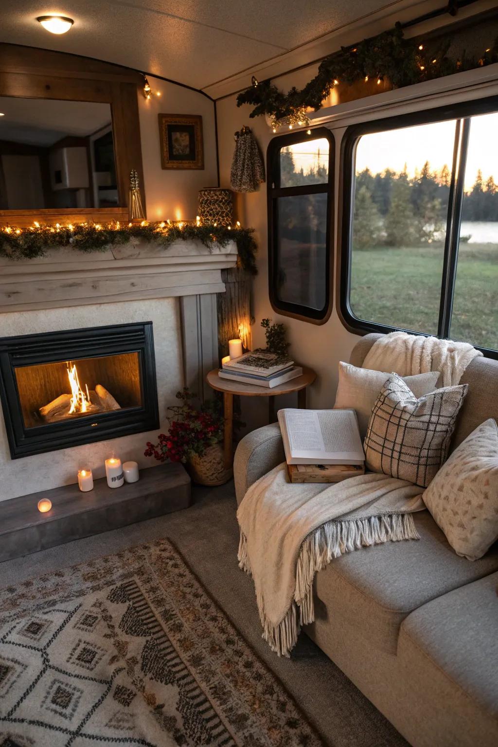 Utilize corner spaces with an elegant fireplace setup.