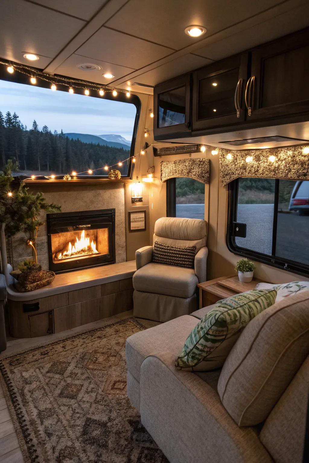 Cozy seating areas invite relaxation around the fireplace.