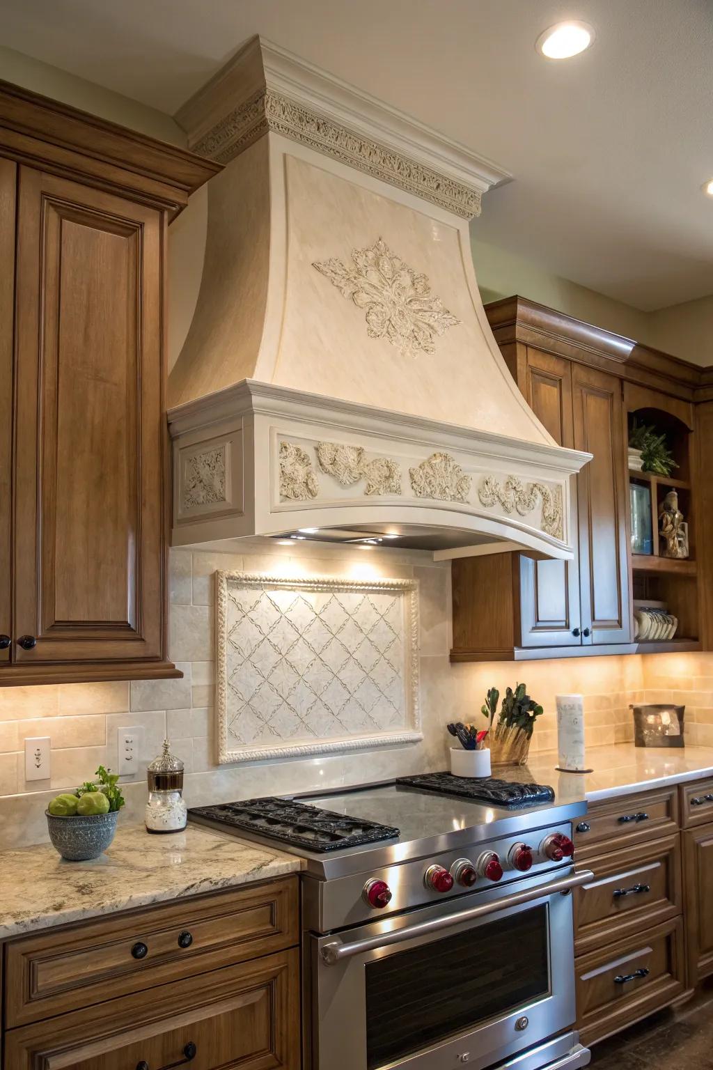 Crown molding adds elegance to range hood designs.