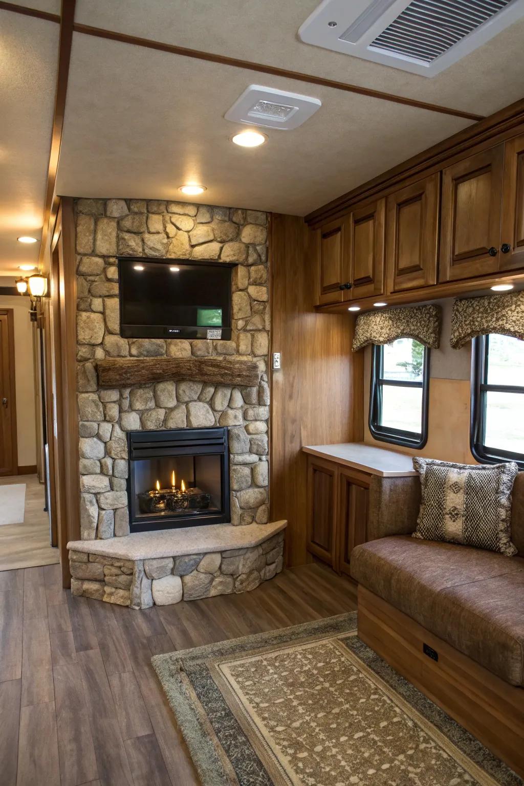 Add rustic charm with a stone-accented fireplace.