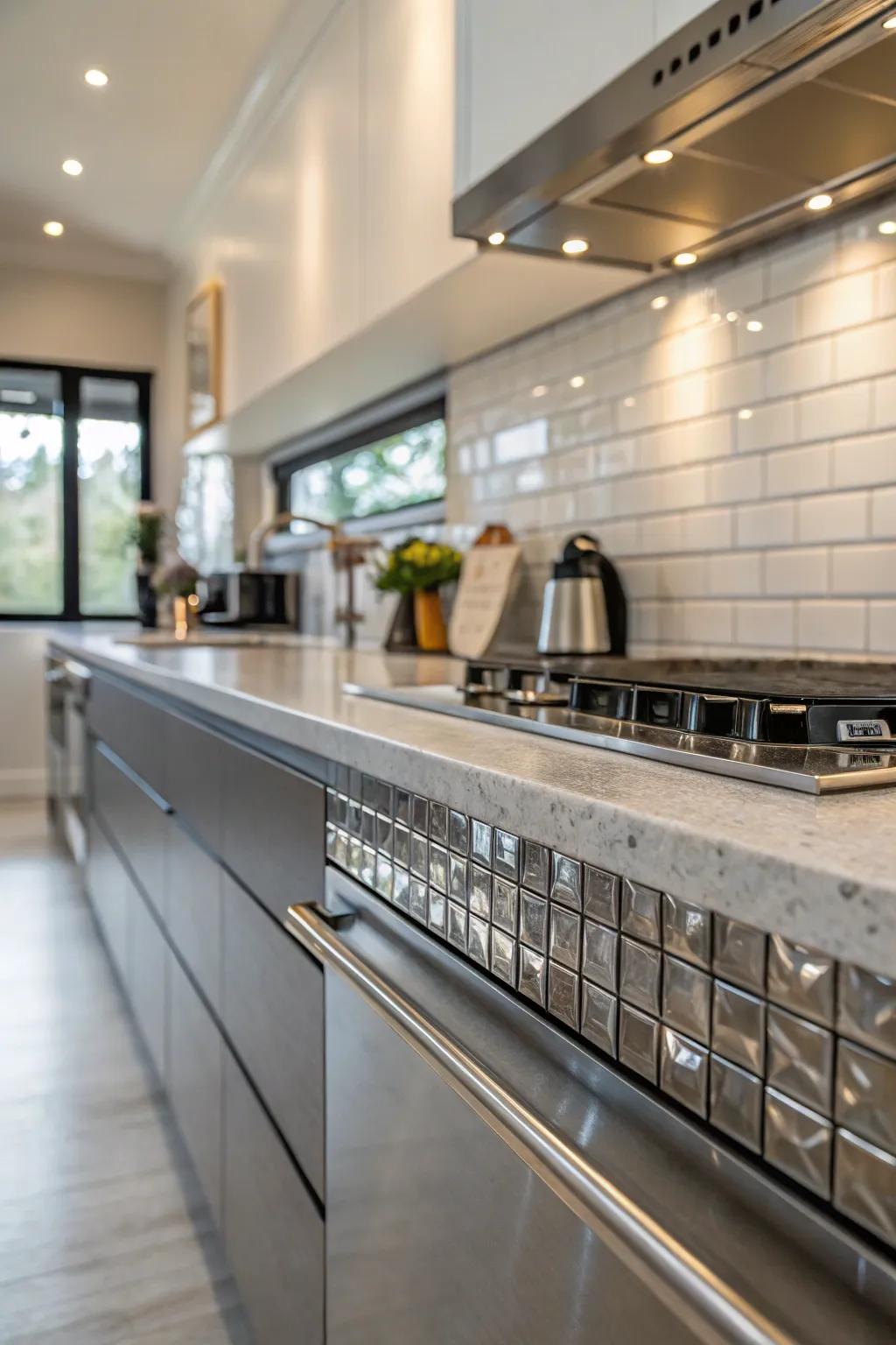 Metal borders convey a contemporary, industrial atmosphere.