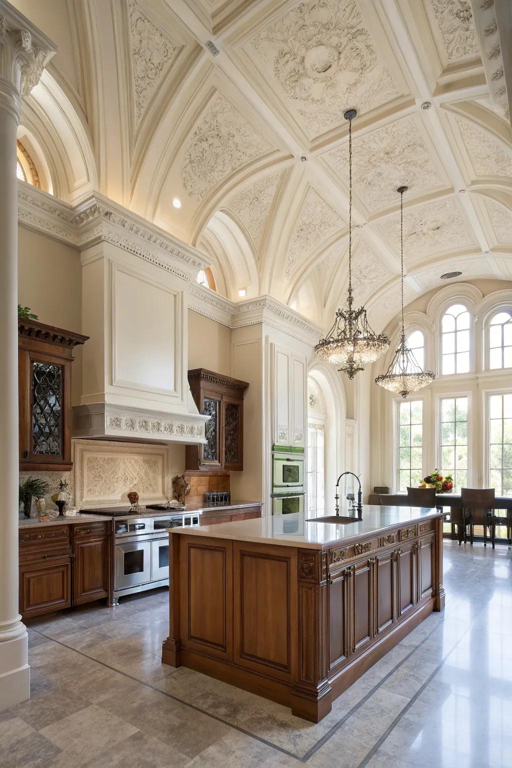 Layered molding complements elevated ceilings.