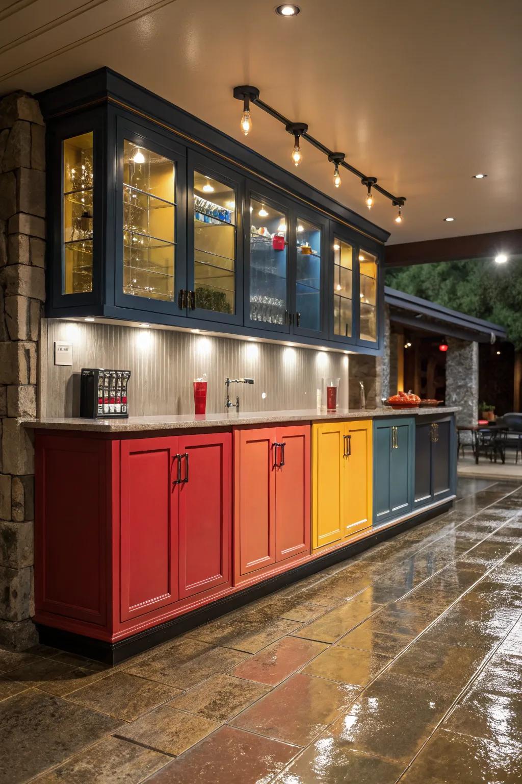 Vibrantly colored cabinetry brings vitality to a compact wet bar.