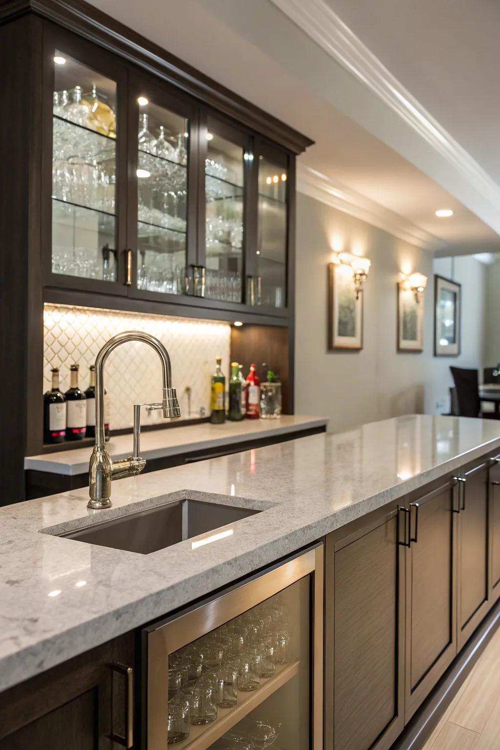A sophisticated quartz countertop enhances a small wet bar.