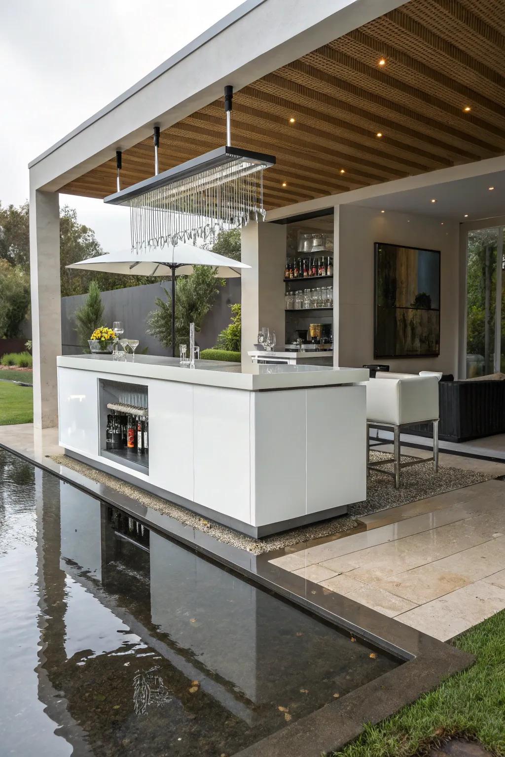 A modern suspended bar design within a compact wet bar.