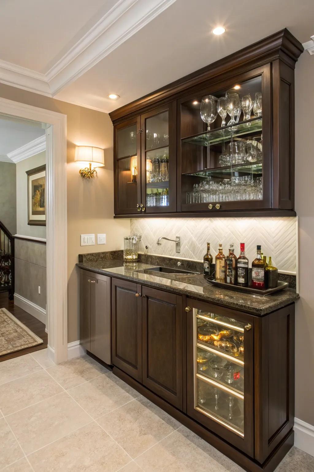 A compact wet bar cleverly installed within a corner space.