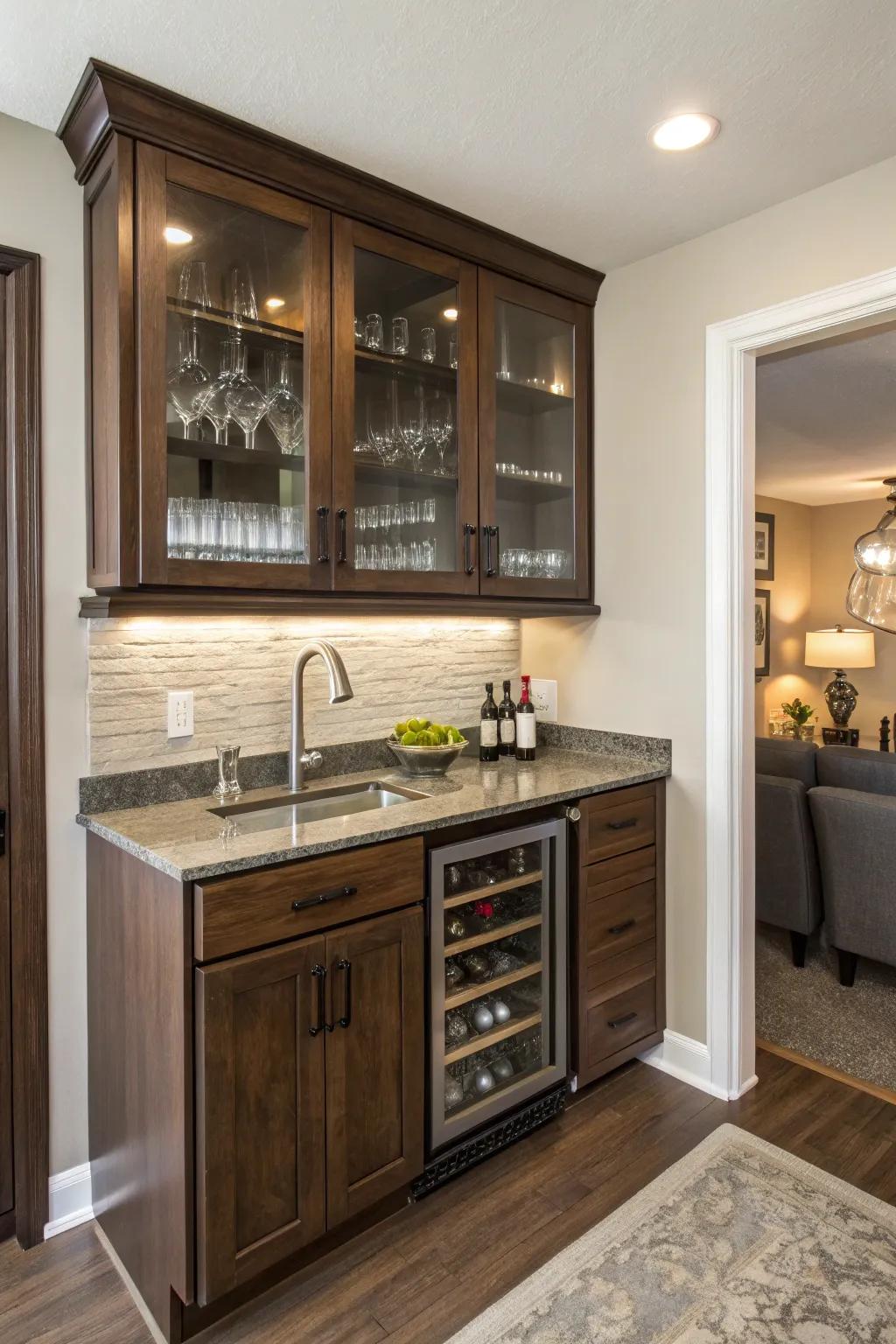 Streamlined cabinetry integrated into a small wet bar to maximize available space.