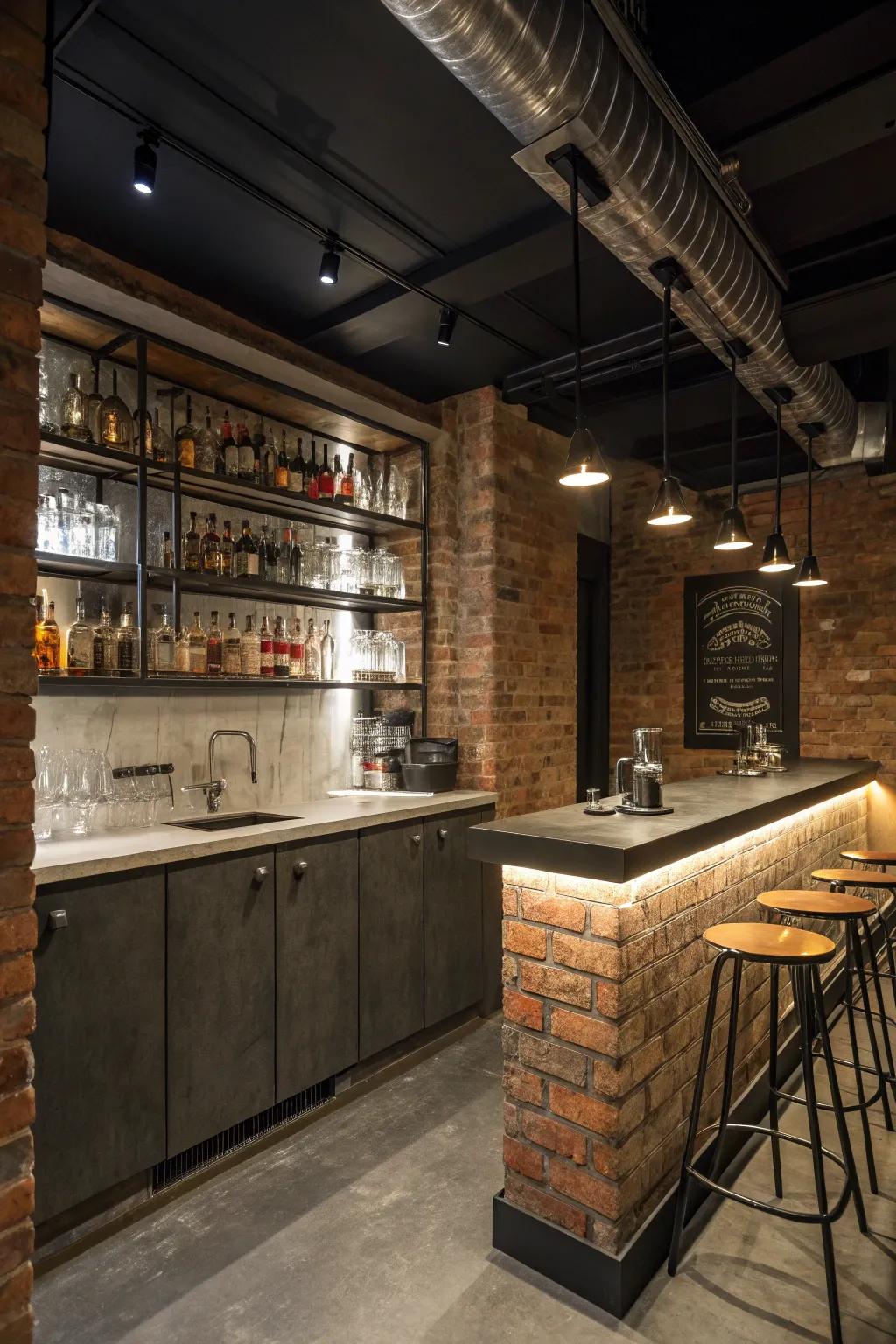Industrial design features in a small wet bar.