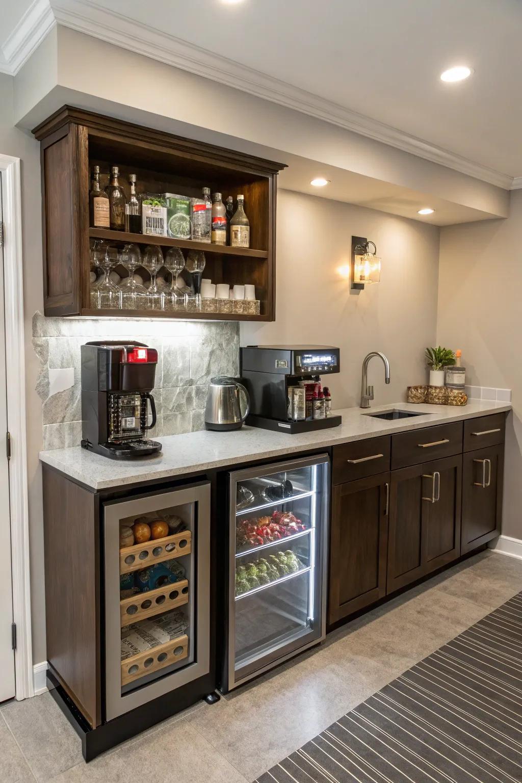 A multi-purpose compact wet bar featuring a coffee and snack arrangement.