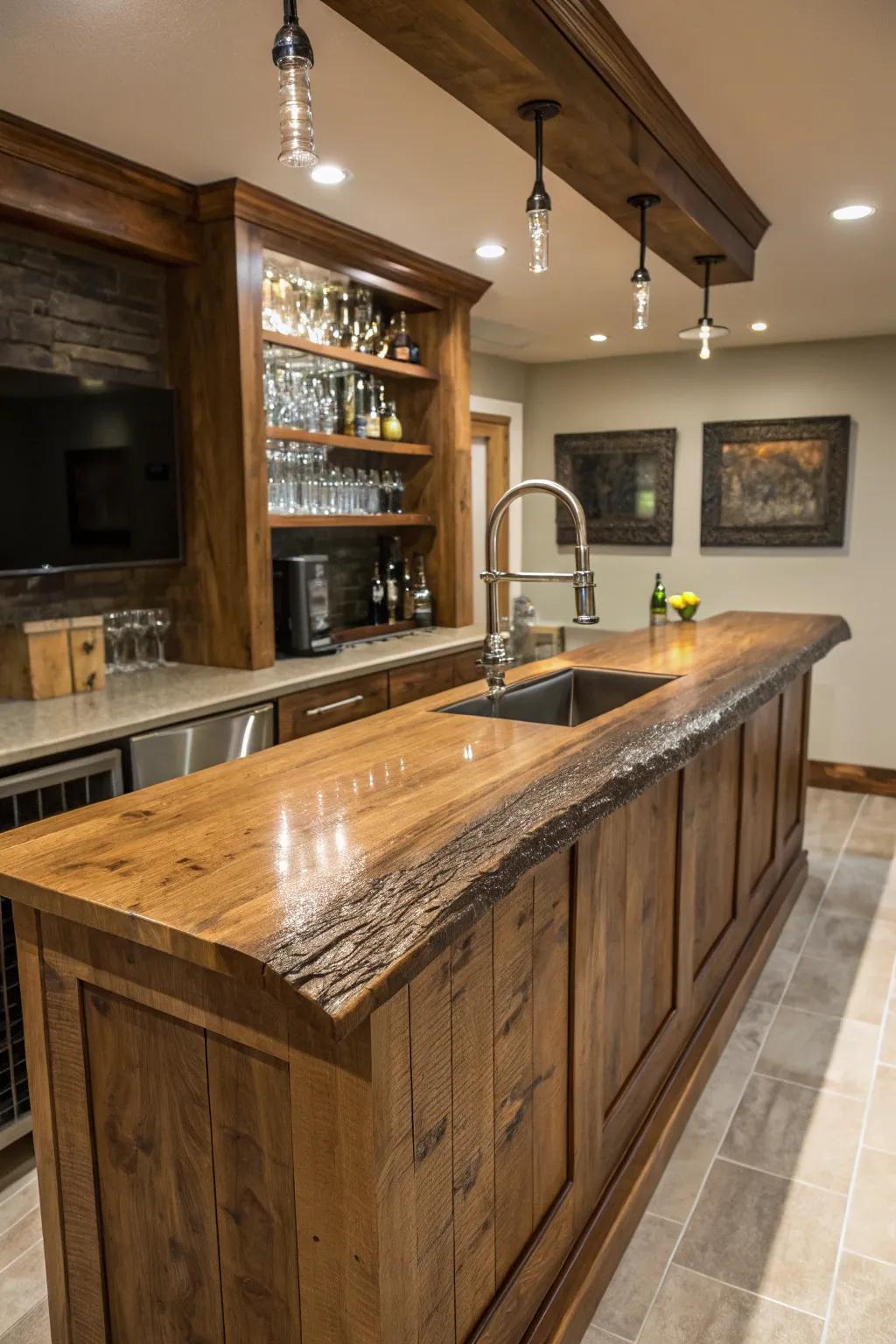 A natural edge wood countertop as a focal point in a small wet bar.