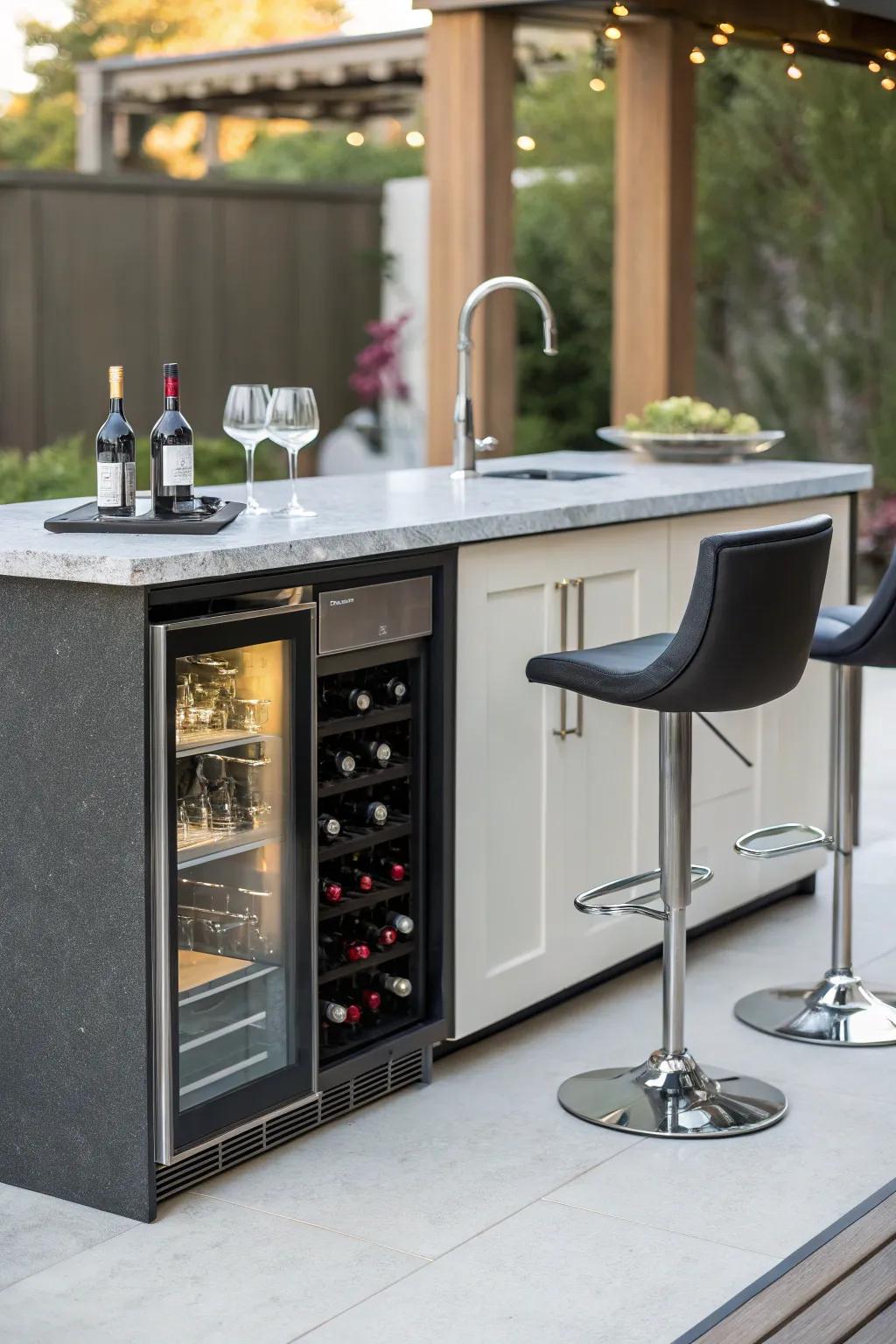 A contemporary, compact wet bar showcases an integrated wine preservation unit.