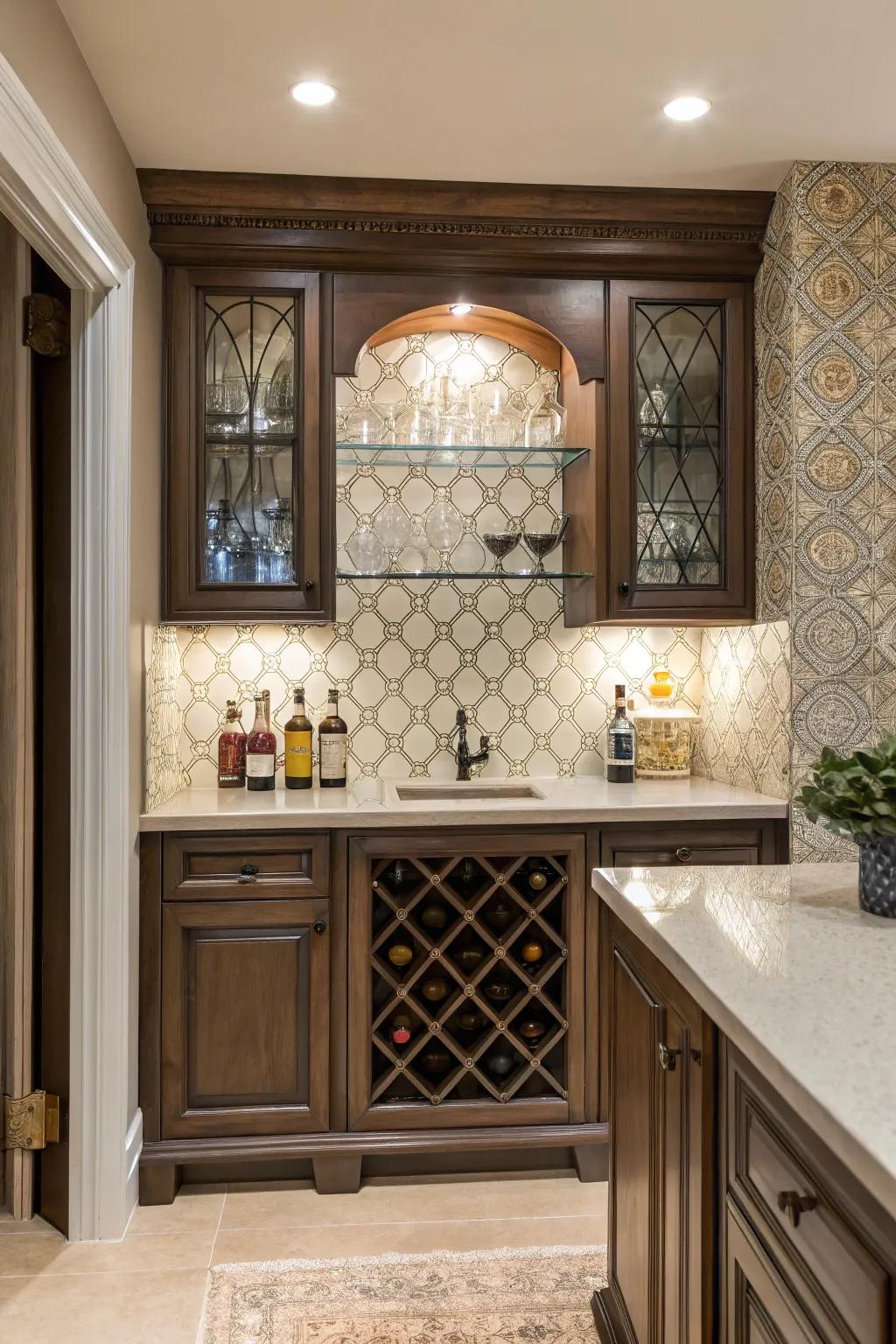 Charming backsplash tiles introduce distinct character to a compact wet bar.