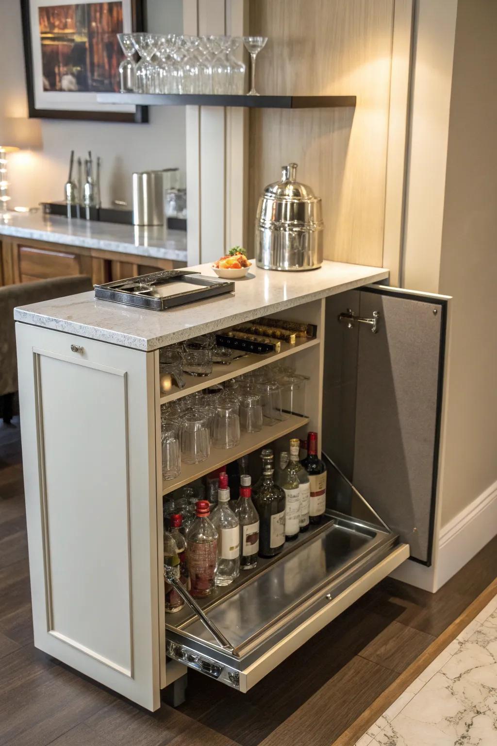 A collapsible fold-down countertop maximizes area within a small wet bar.