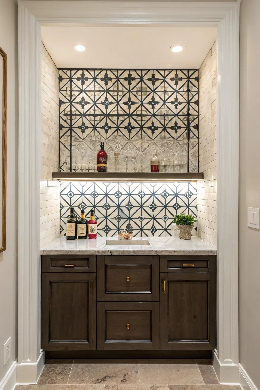 Geometric arrangements contribute interest to a compact wet bar.
