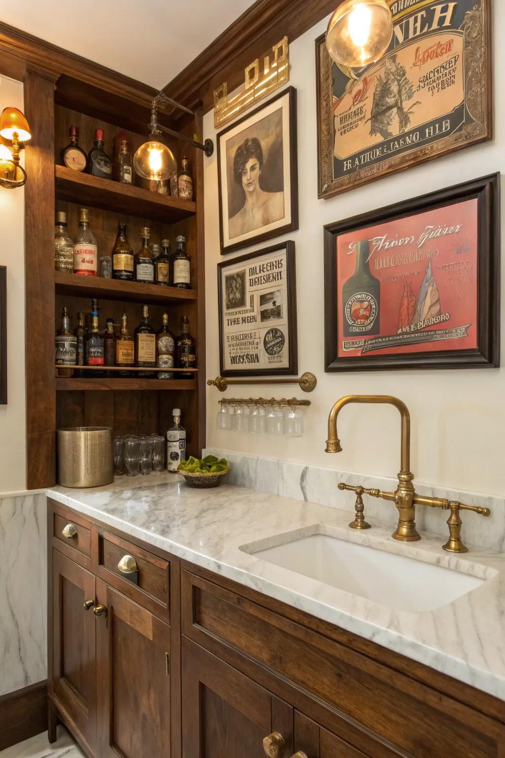 Vintage decor elements infuse a compact wet bar with timeless appeal.