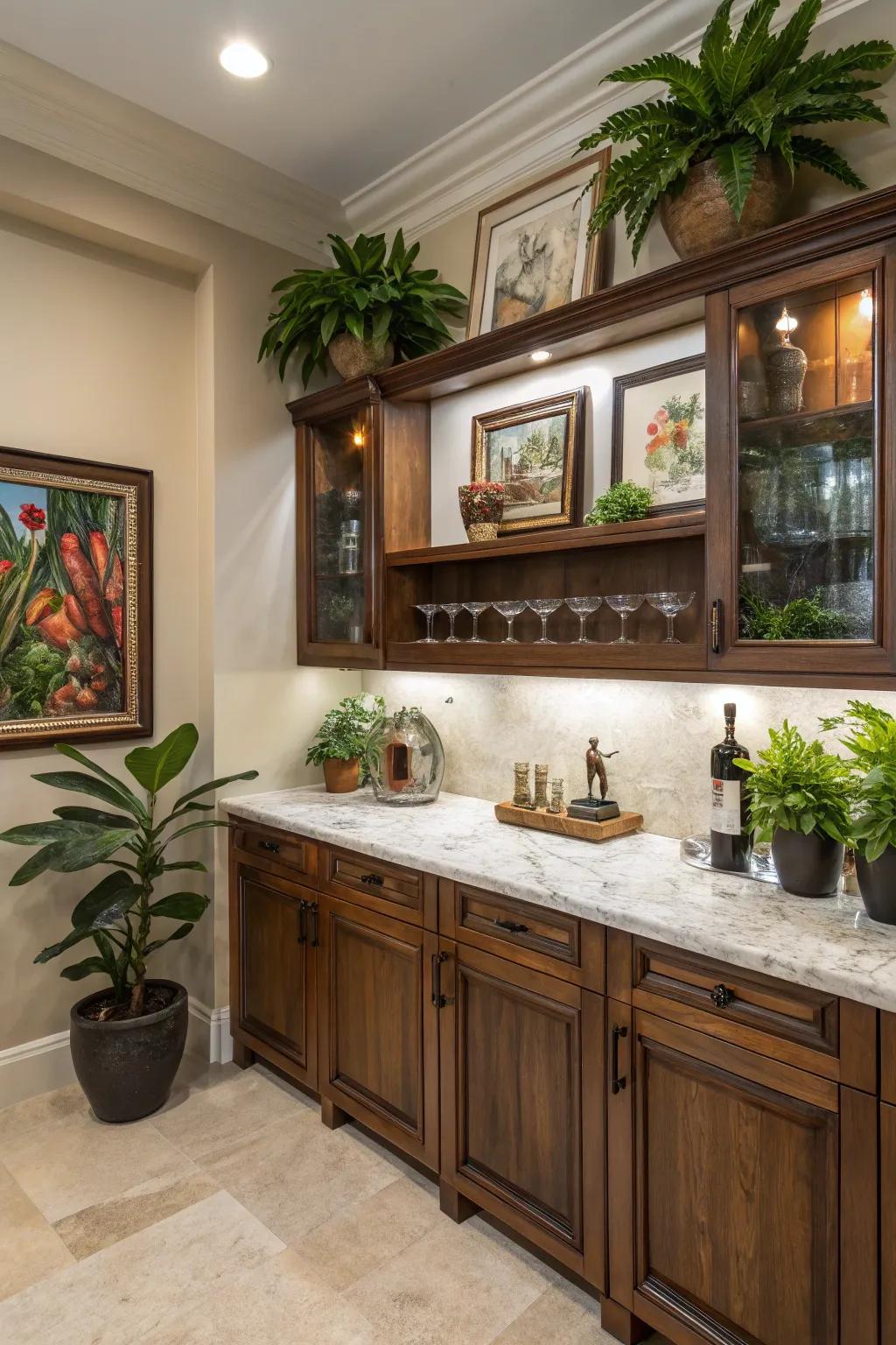 Decorative elements such as art and plants in a compact wet bar.