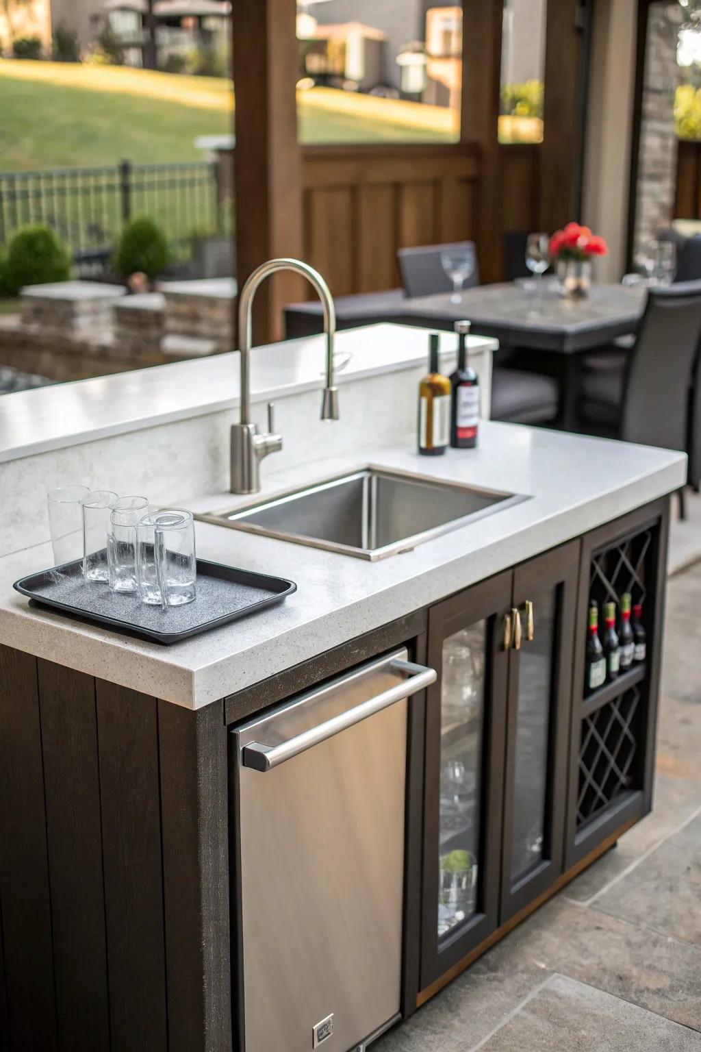 A modern, integrated sink in a compact wet bar adds functionality.