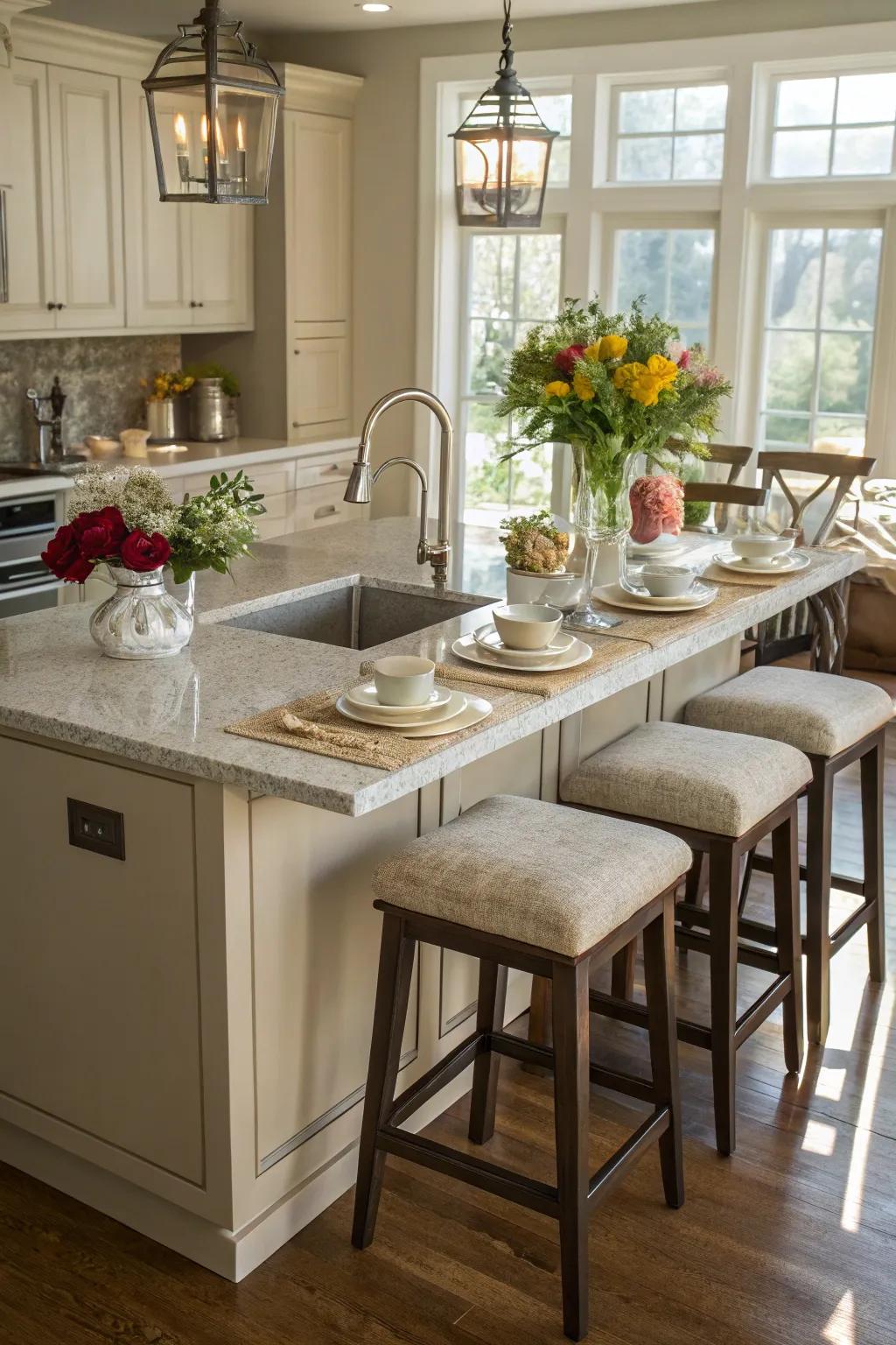 A multi-functional island becomes the core of the cooking area.