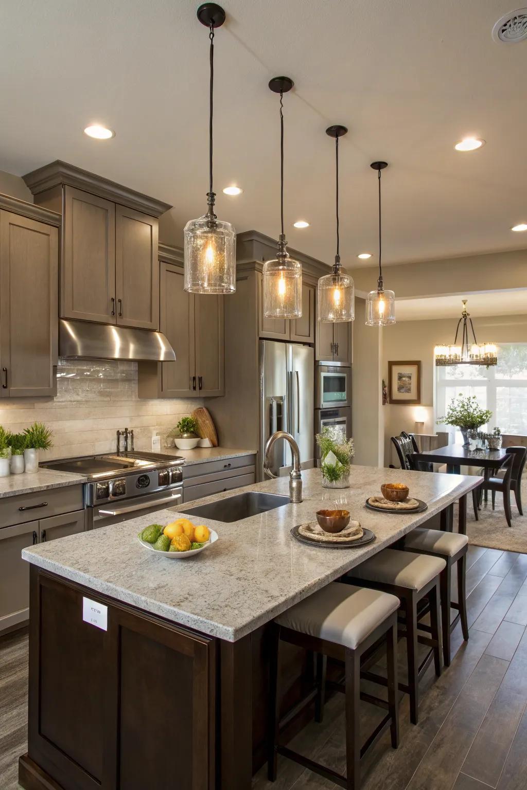 Hanging lights provide class and usefulness to your cooking area.