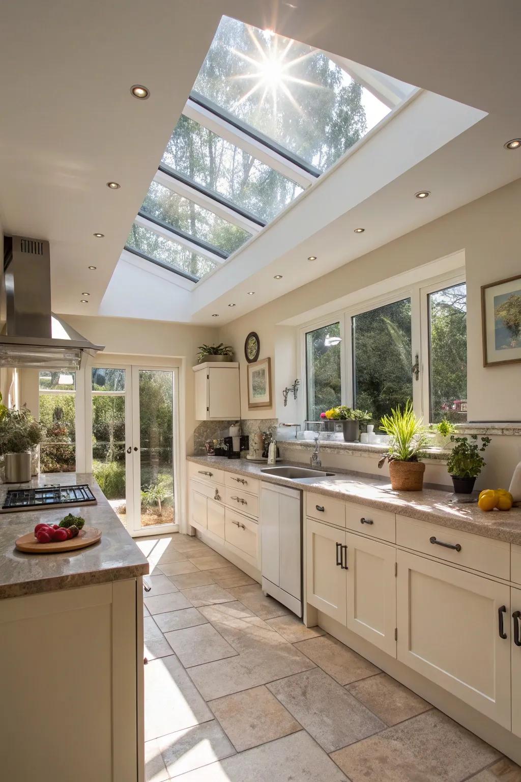A skylight changes the cooking area using plentiful natural light.