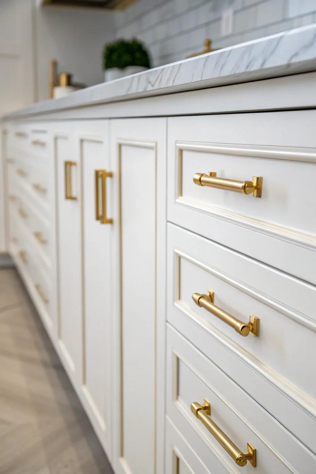 Gold hardware provides white kitchen cabinets with a hint of luxury.