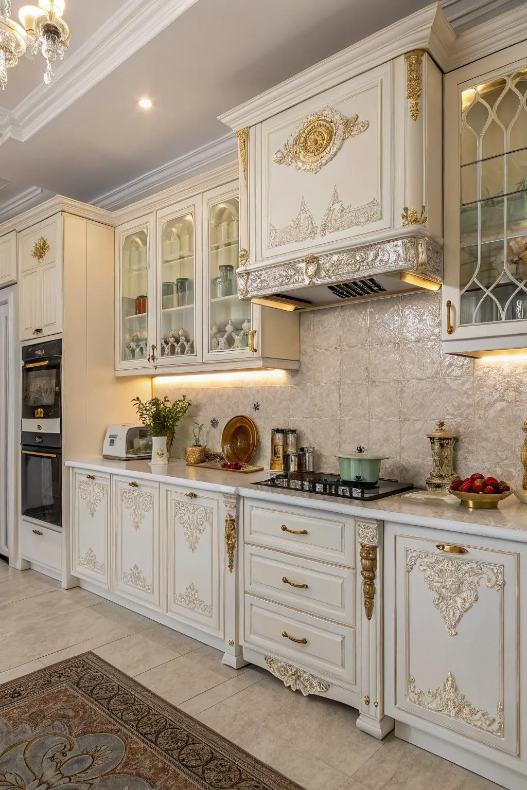 Elaborate details add a traditional element to white cabinets.