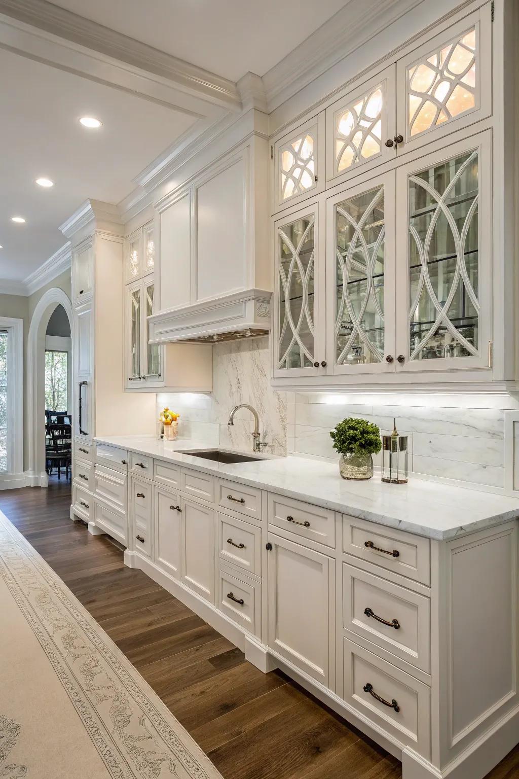Custom woodwork gives white kitchen cabinets character.