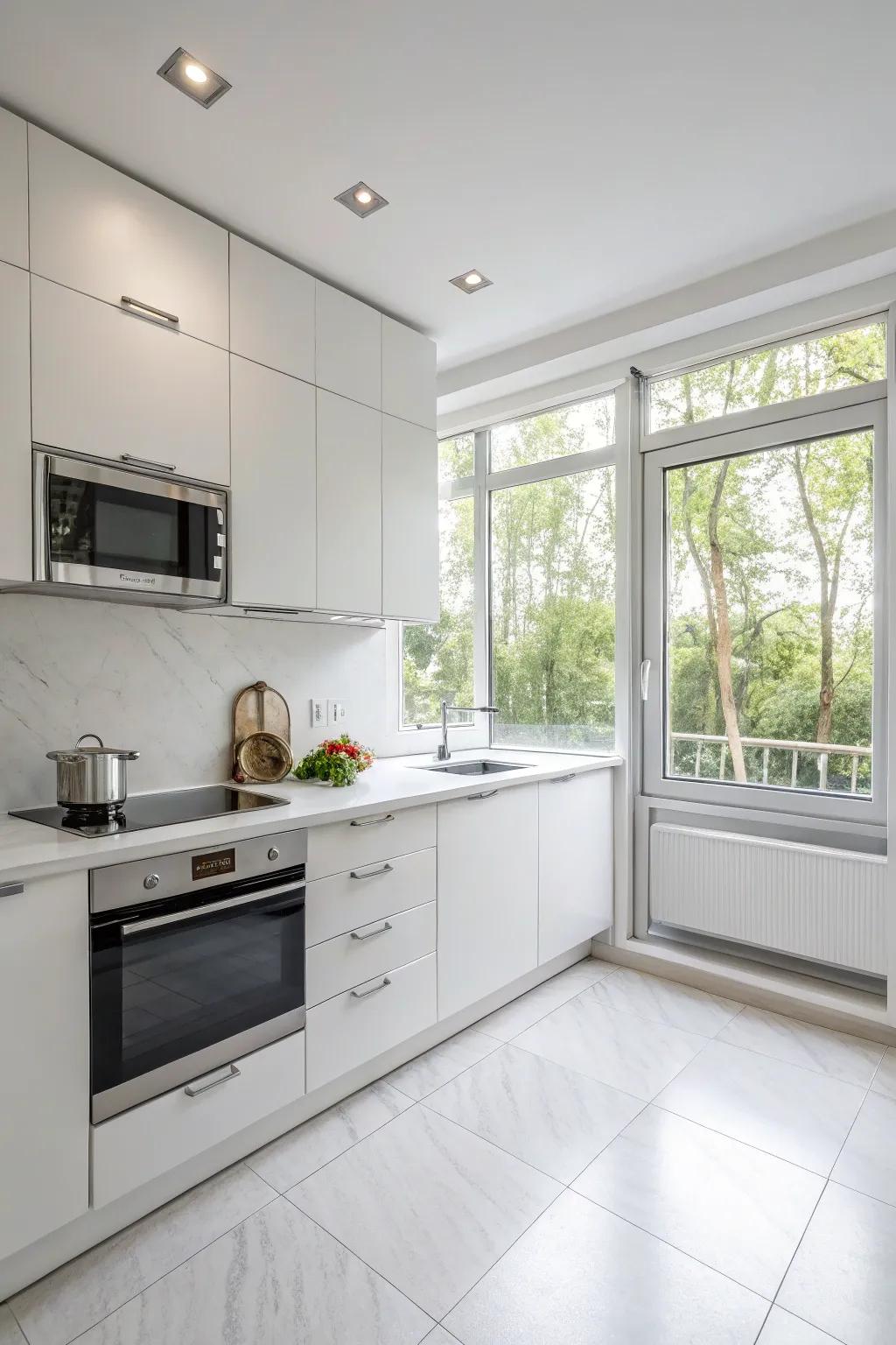 Sleek white cabinets in a modern, minimalist design create a spacious and uncluttered kitchen.