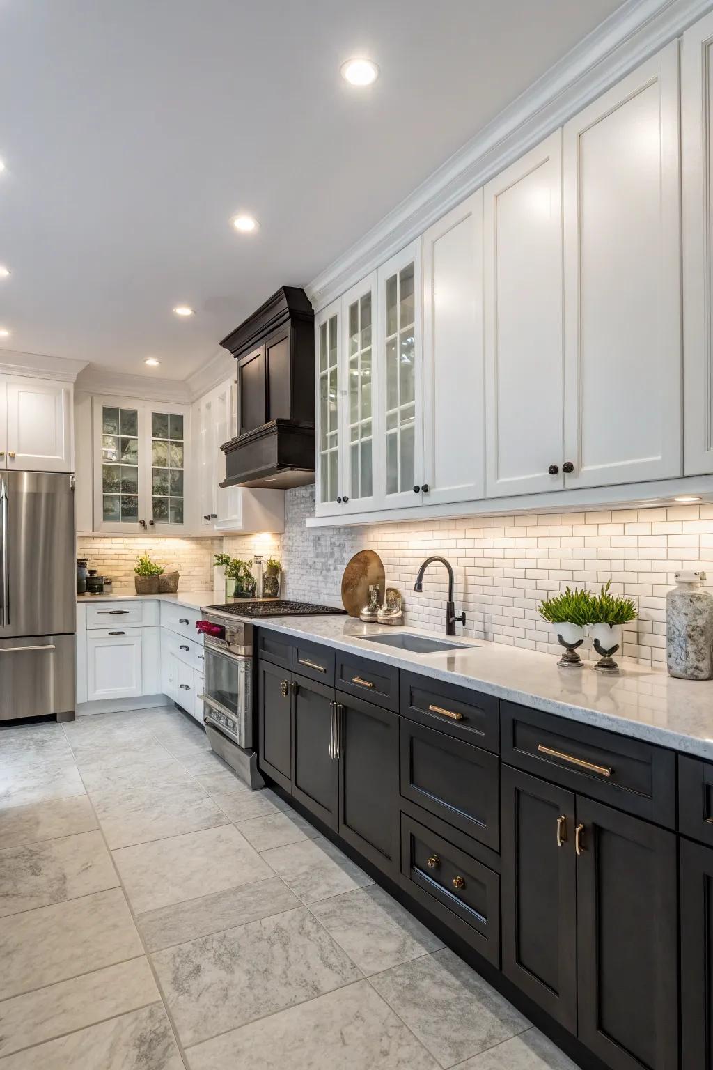 Two-tone cabinets create a stylish contrast in the kitchen.