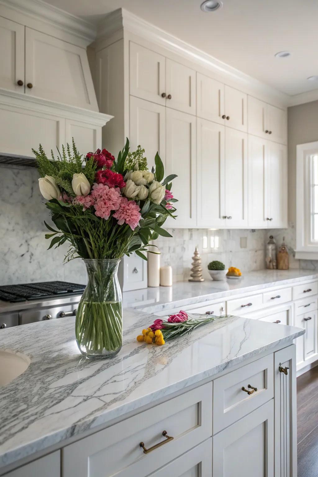 Granite countertops amplify the sophisticated charm of white cabinets.