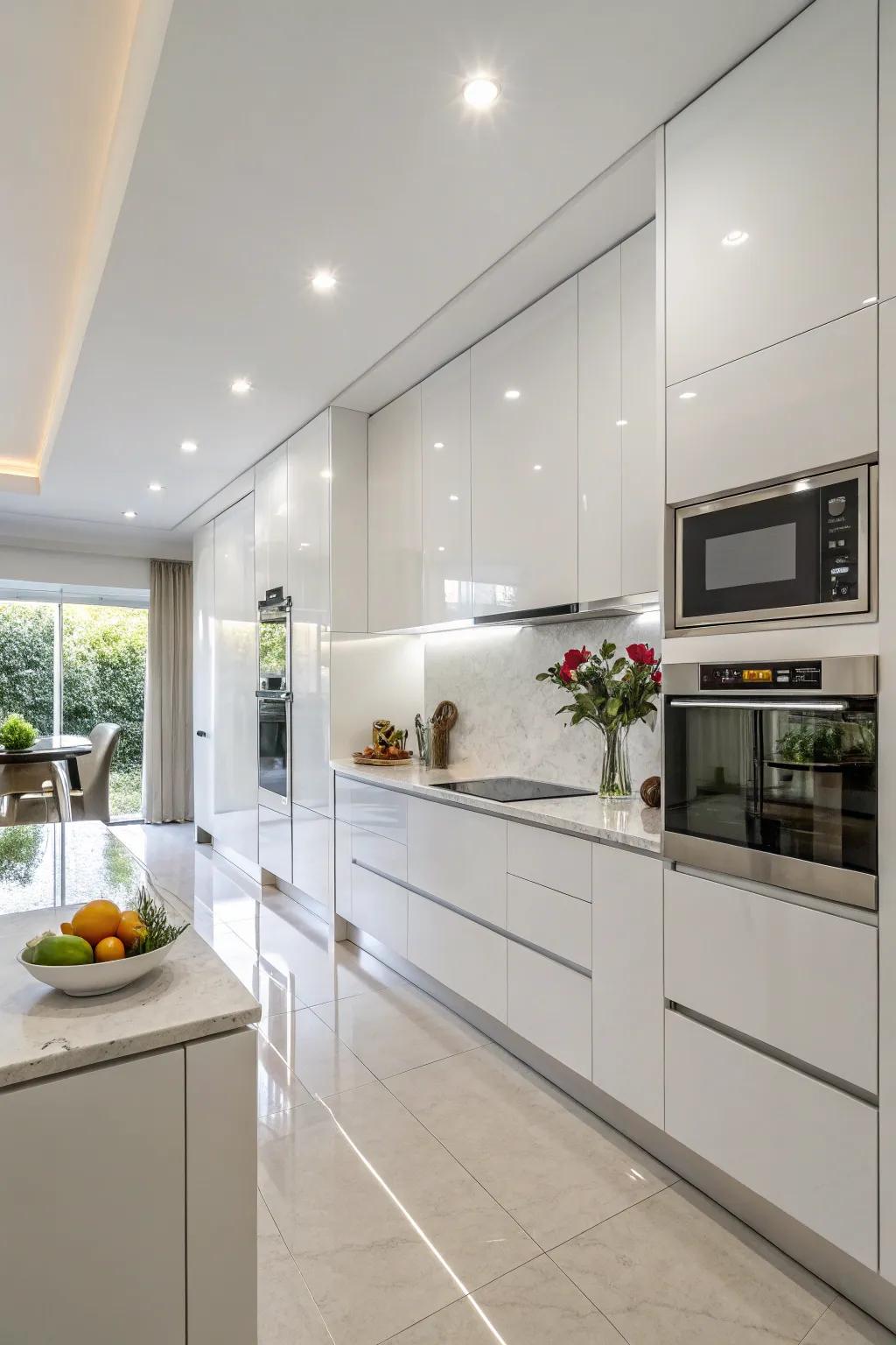 Harmonized appliances create a smooth look in white kitchens.