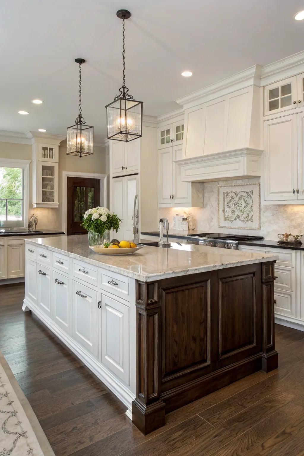 A unique island design is a focal point in a white kitchen.