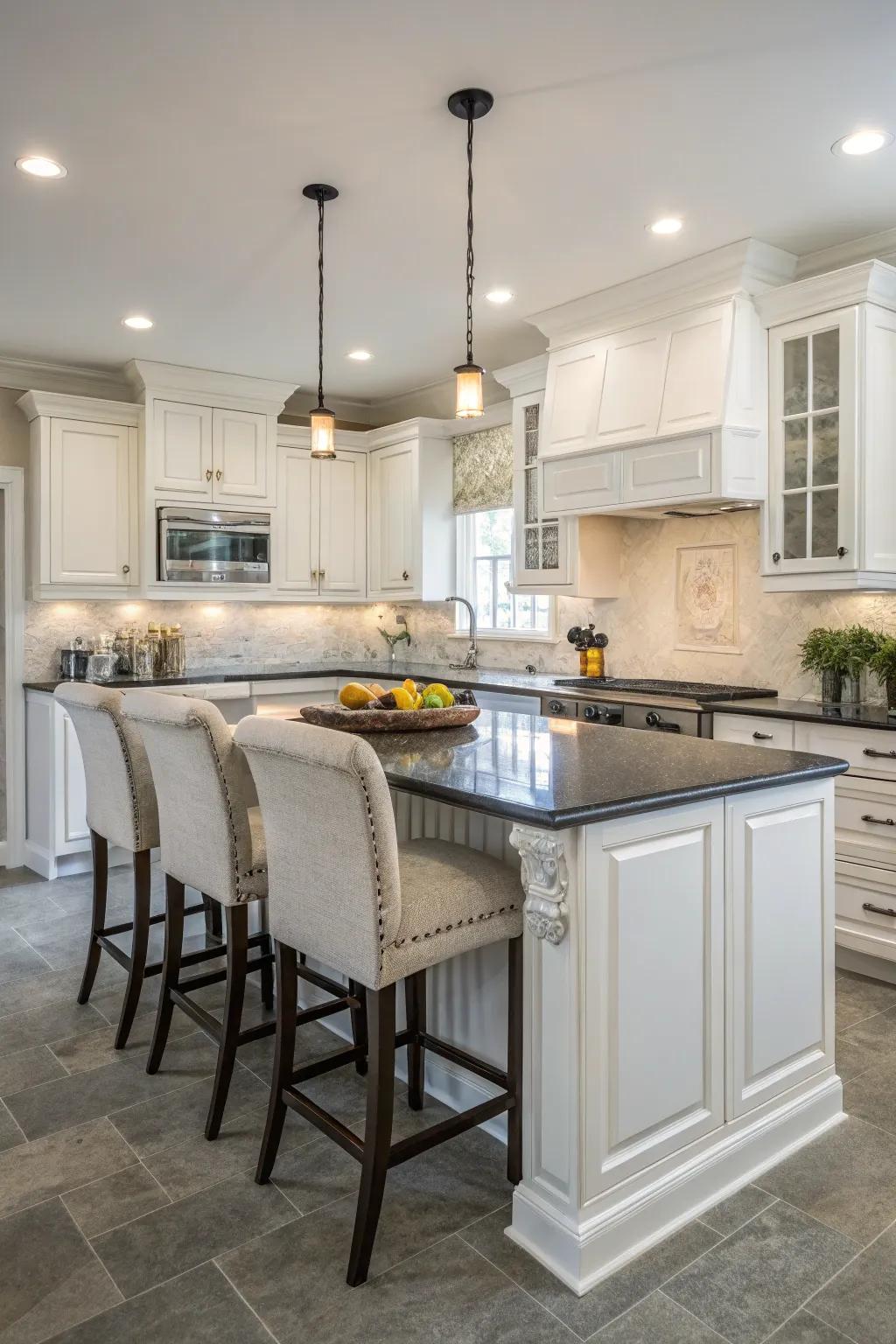 A functional layout that includes a kitchen island improves the kitchen's usability.