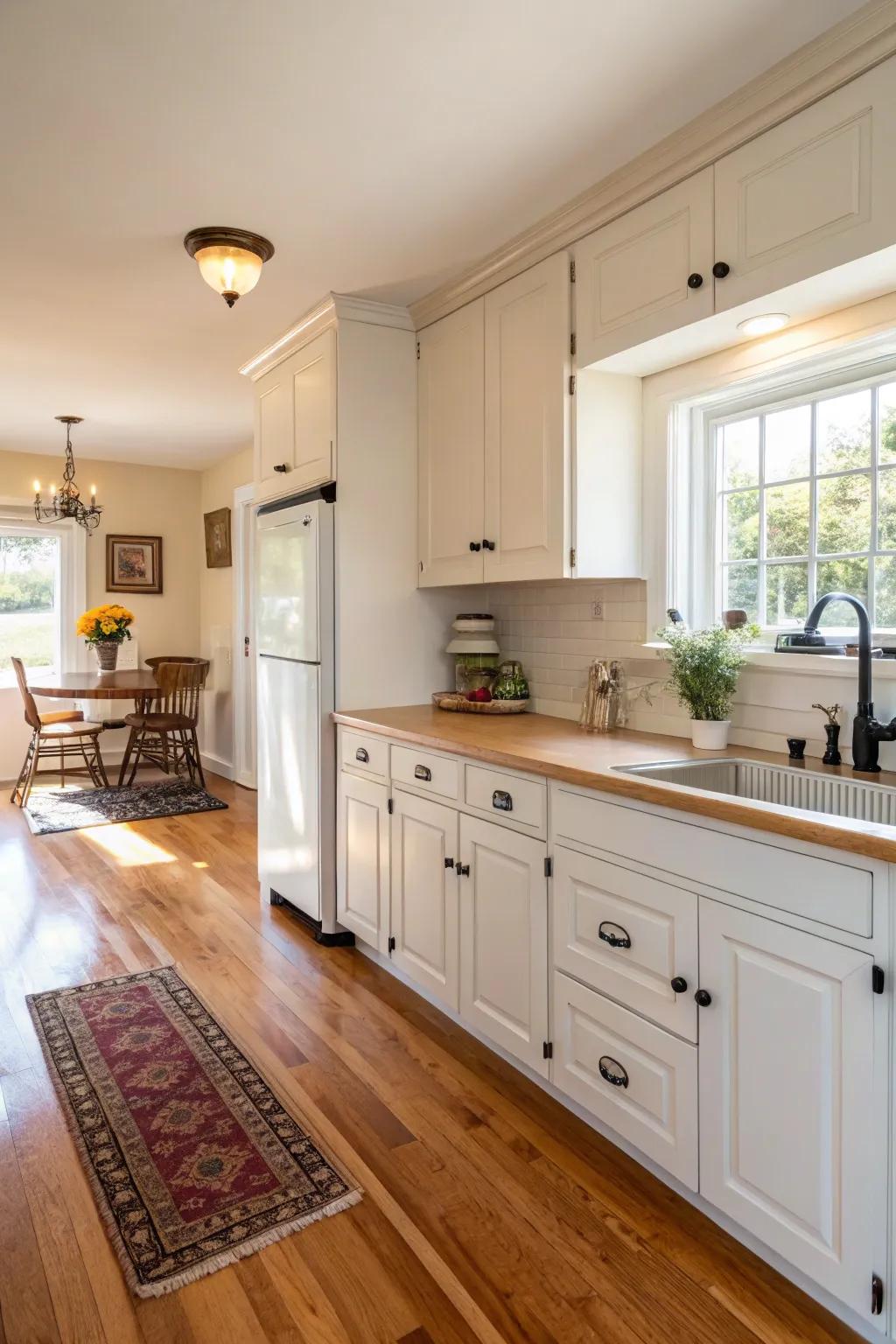 Wood accents offer a cozy contrast to white cabinets.