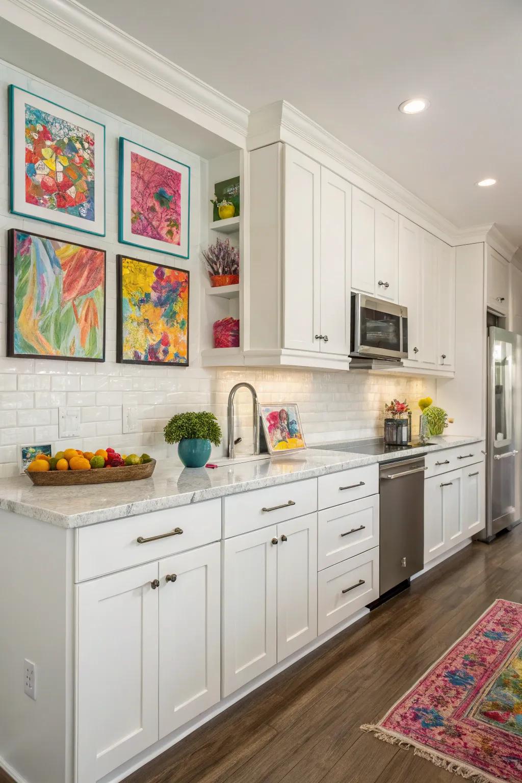 Art adds a personal and artistic touch to white kitchens.