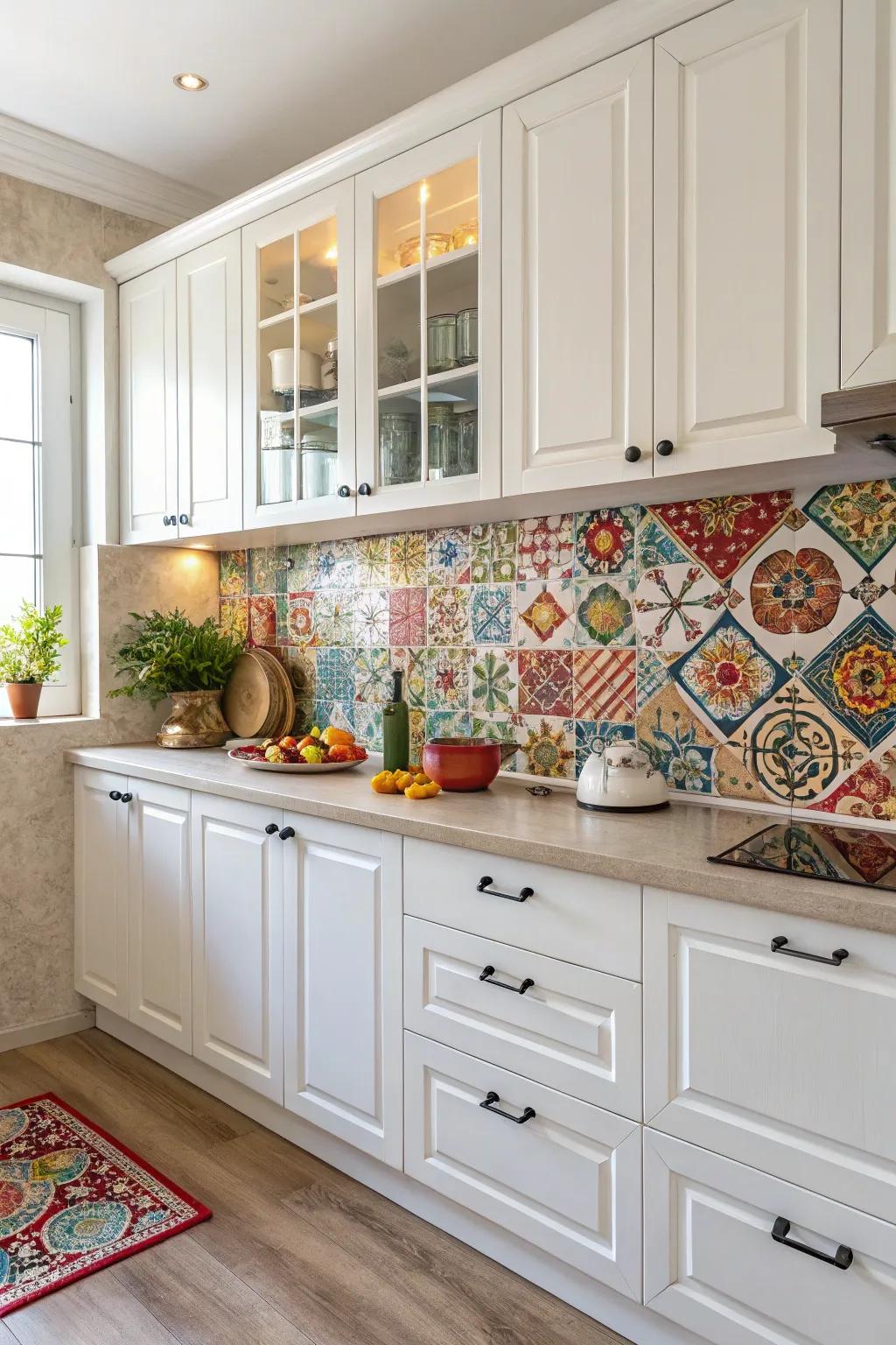A vibrant backsplash gives a white kitchen character.