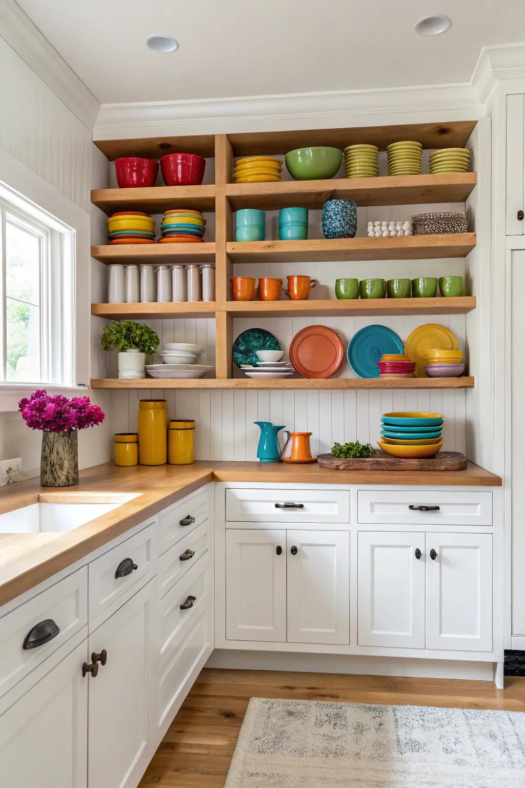 The addition of open shelving infuses white kitchen cabinets with both personality and warmth.
