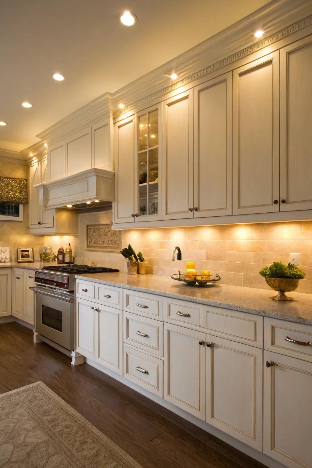 Subtle lighting creates a cozy atmosphere in white kitchens.
