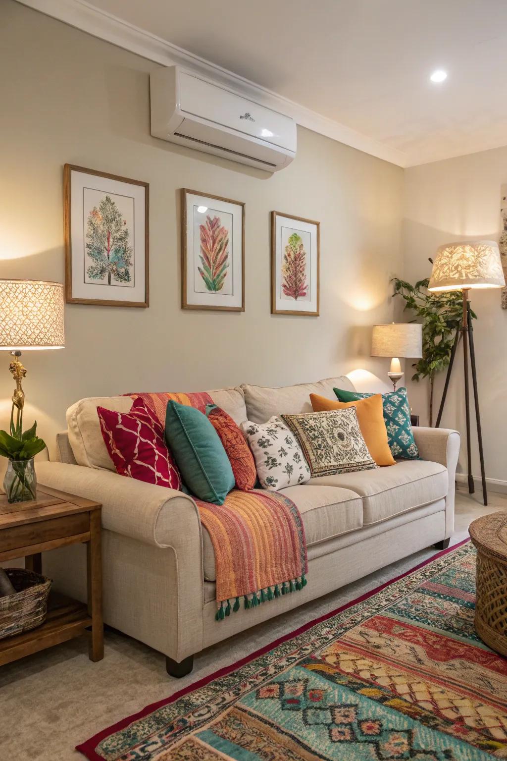 Colorful cushions bring life to a neutral living room.