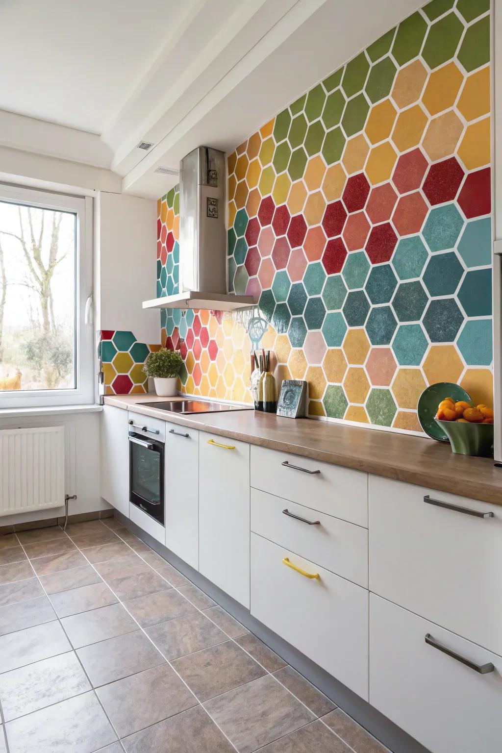 Incorporate a modern feel with multi-colored hexagonal tiles.