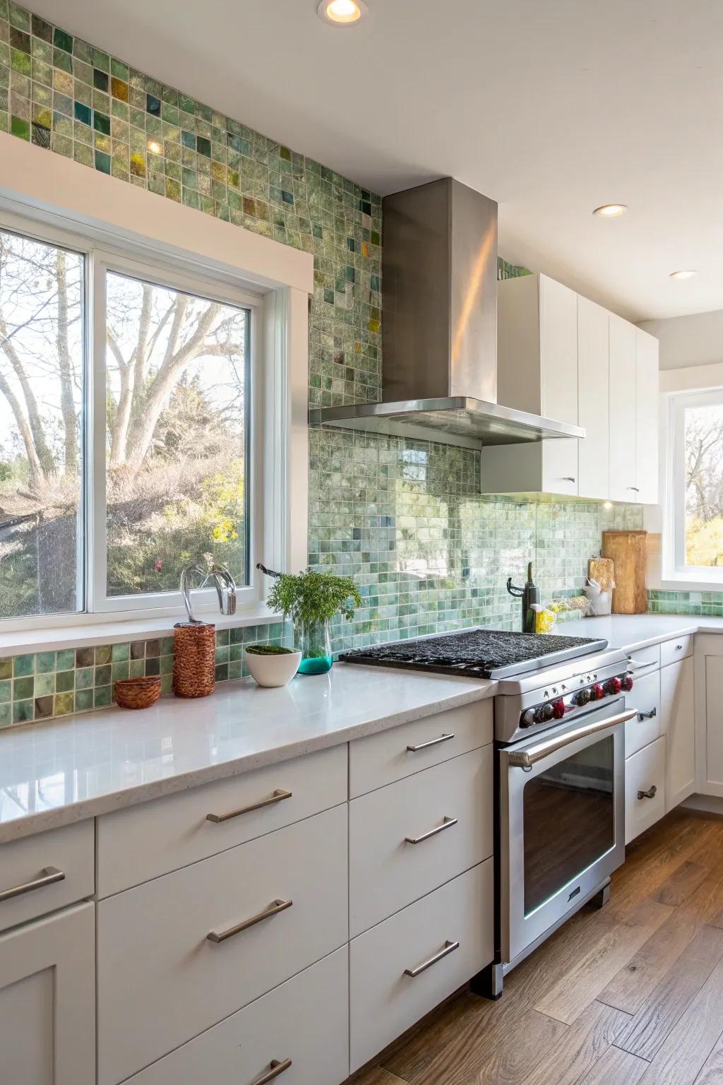 Unite style and sustainability using recycled glass tiles.