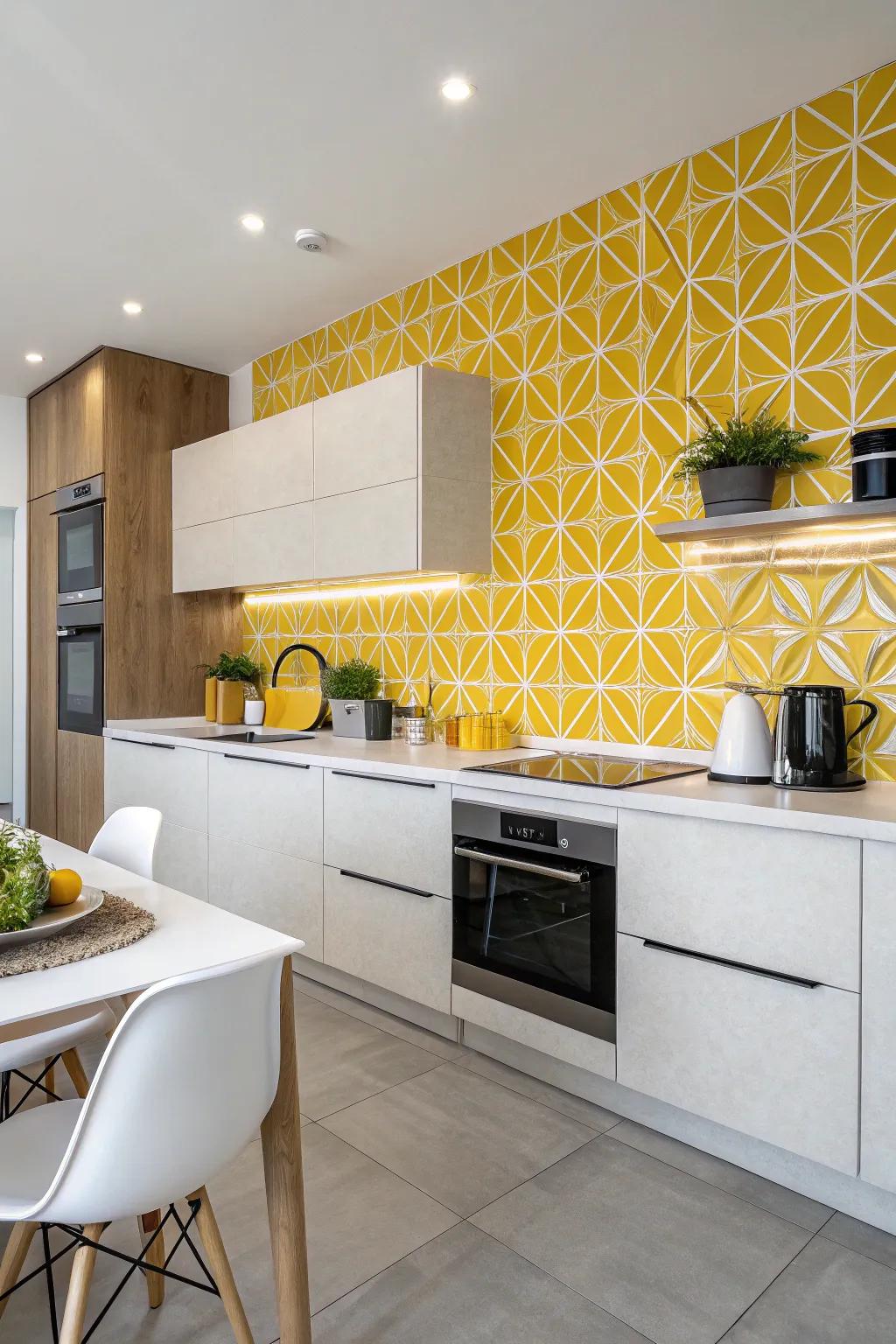 Geometric designs bring a playful element to this yellow backsplash.