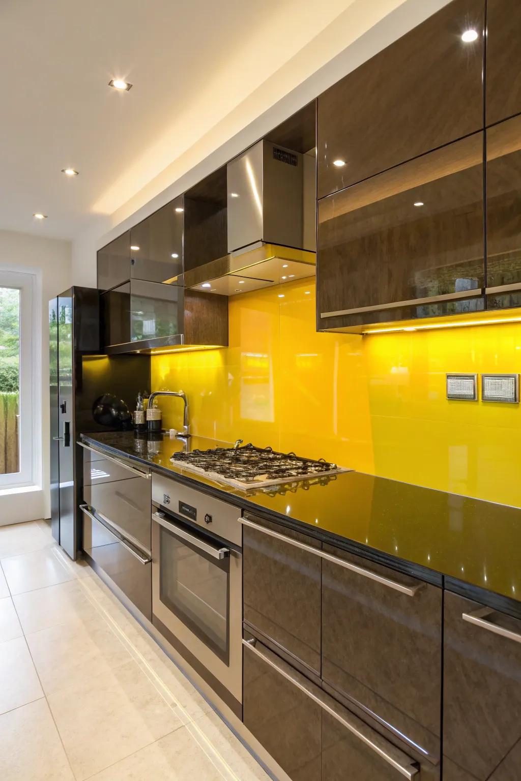 Yellow glass sheets fashion a sleek and glossy backsplash.