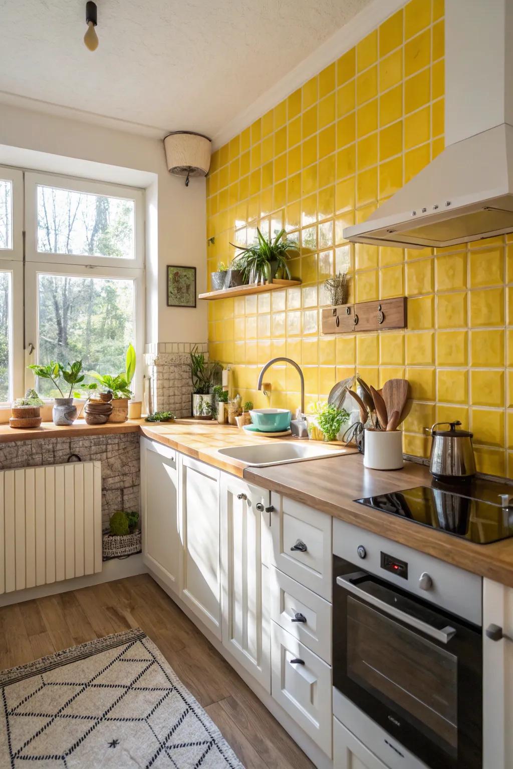 Bold yellow tiles bring a cheerful ambiance to this contemporary kitchen.