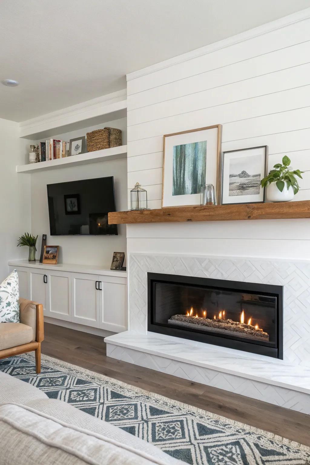 Add a floating shelf for stylish display above your fireplace.