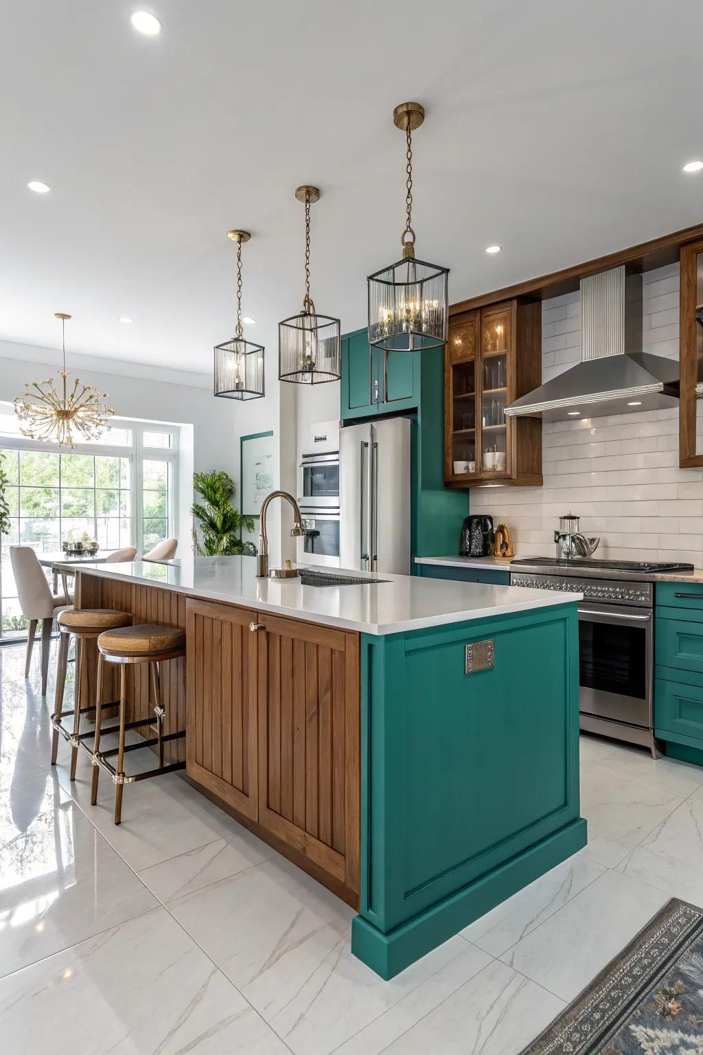 A teal island adds a modern twist to this stylish kitchen.