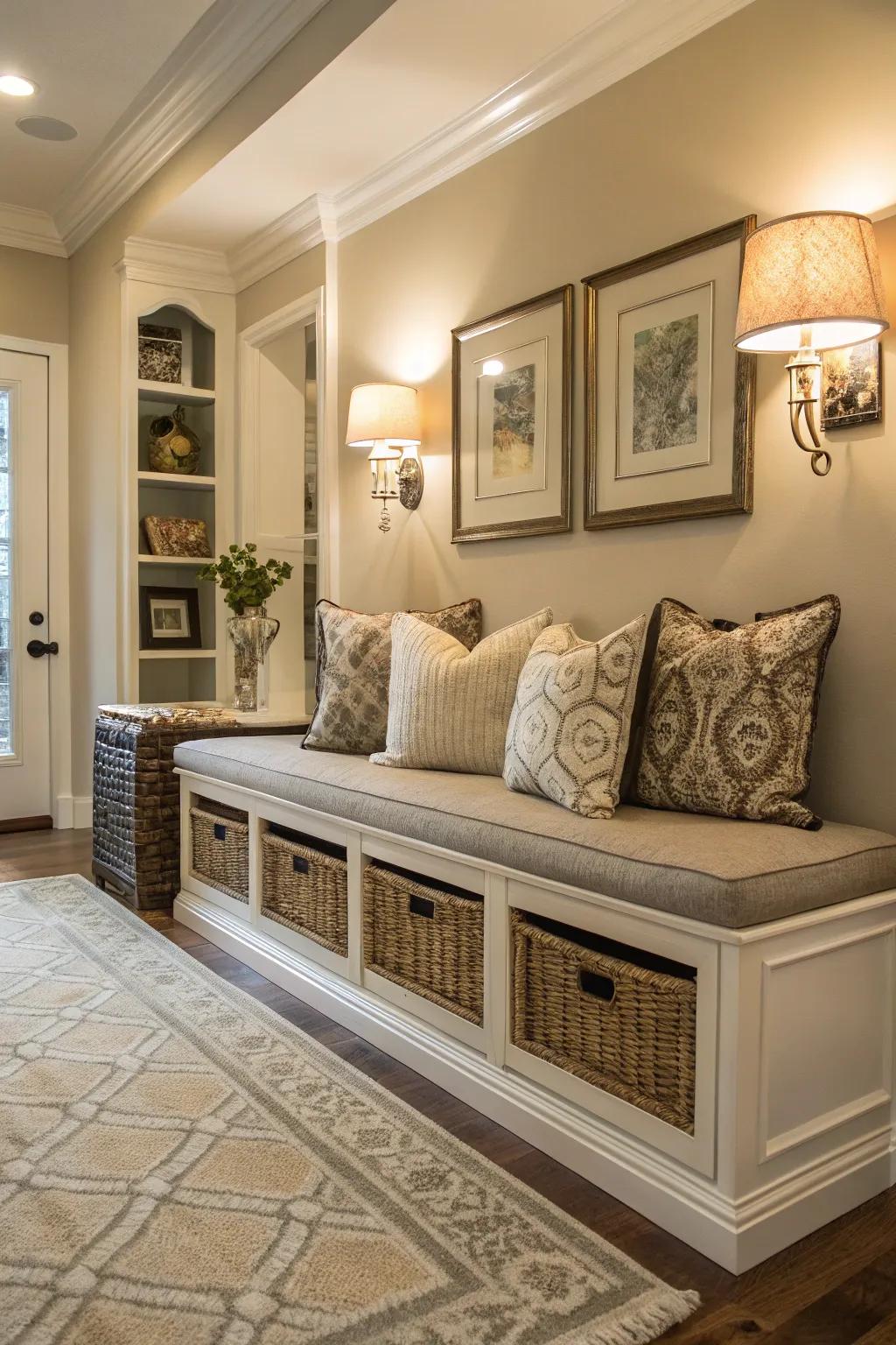 Incorporate versatile seating through a bench or ottoman.