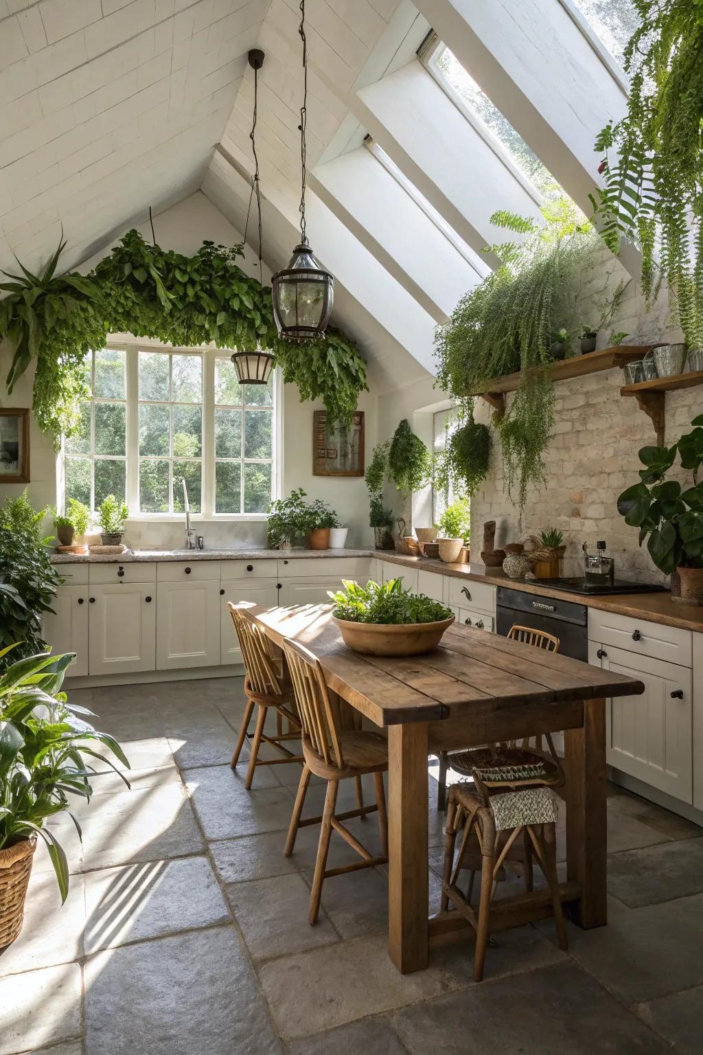 Elegant pendant lights create a chic focal point in this modern kitchen with a vaulted ceiling.