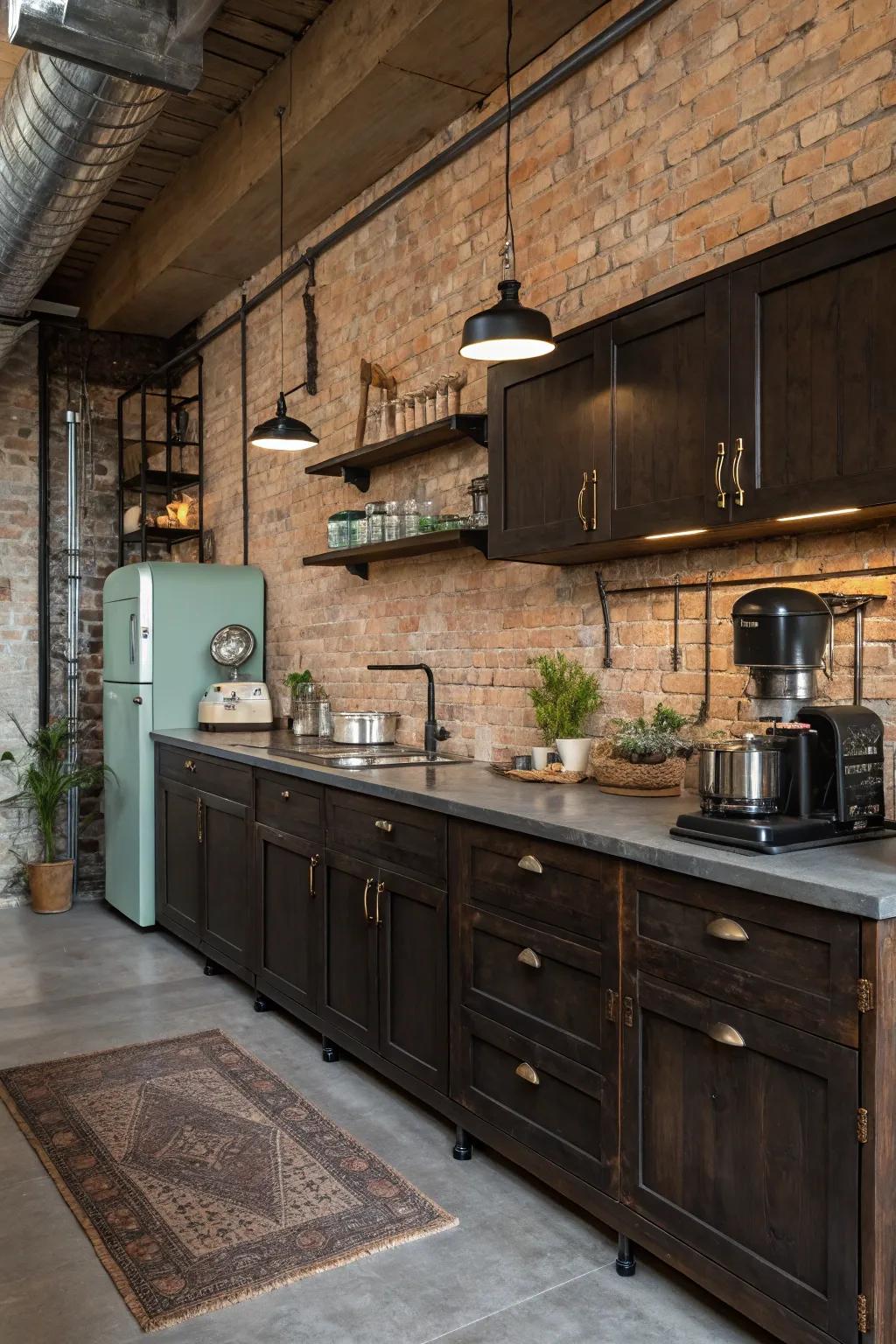 An industrial chic kitchen with dark cabinets and exposed brick walls for a cozy, modern feel.